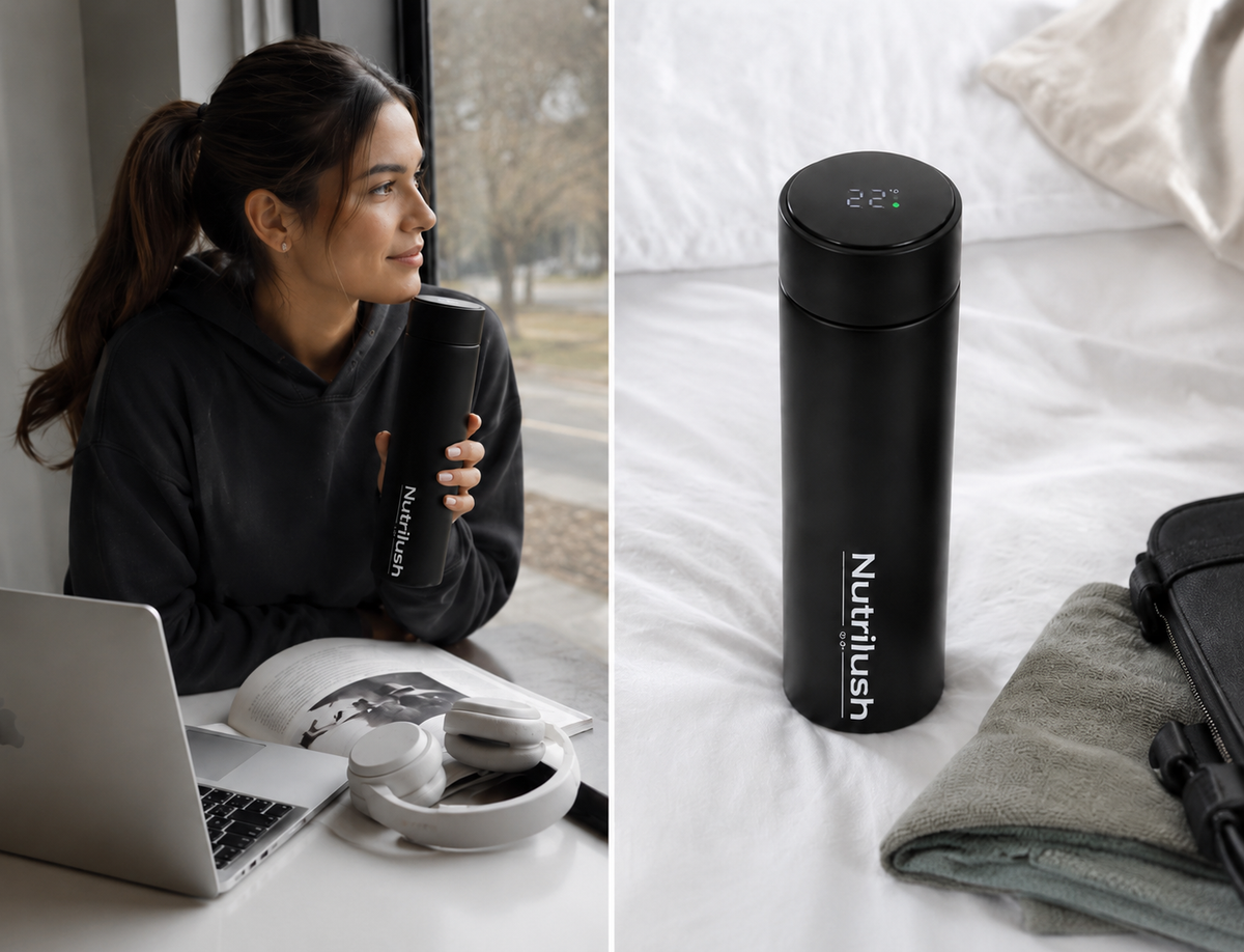 Nutrilush.Co Smart Travel Thermosfles 500 ml – RVS Vacuüm Geïsoleerde Drinkfles – Dubbelwandig en Lekvrij – Zwart