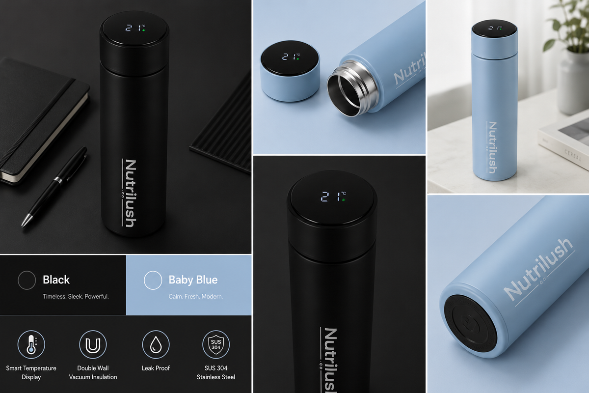 Nutrilush.Co Smart Travel Thermosfles 500 ml – RVS Vacuüm Geïsoleerde Drinkfles – Dubbelwandig en Lekvrij – Babyblauw