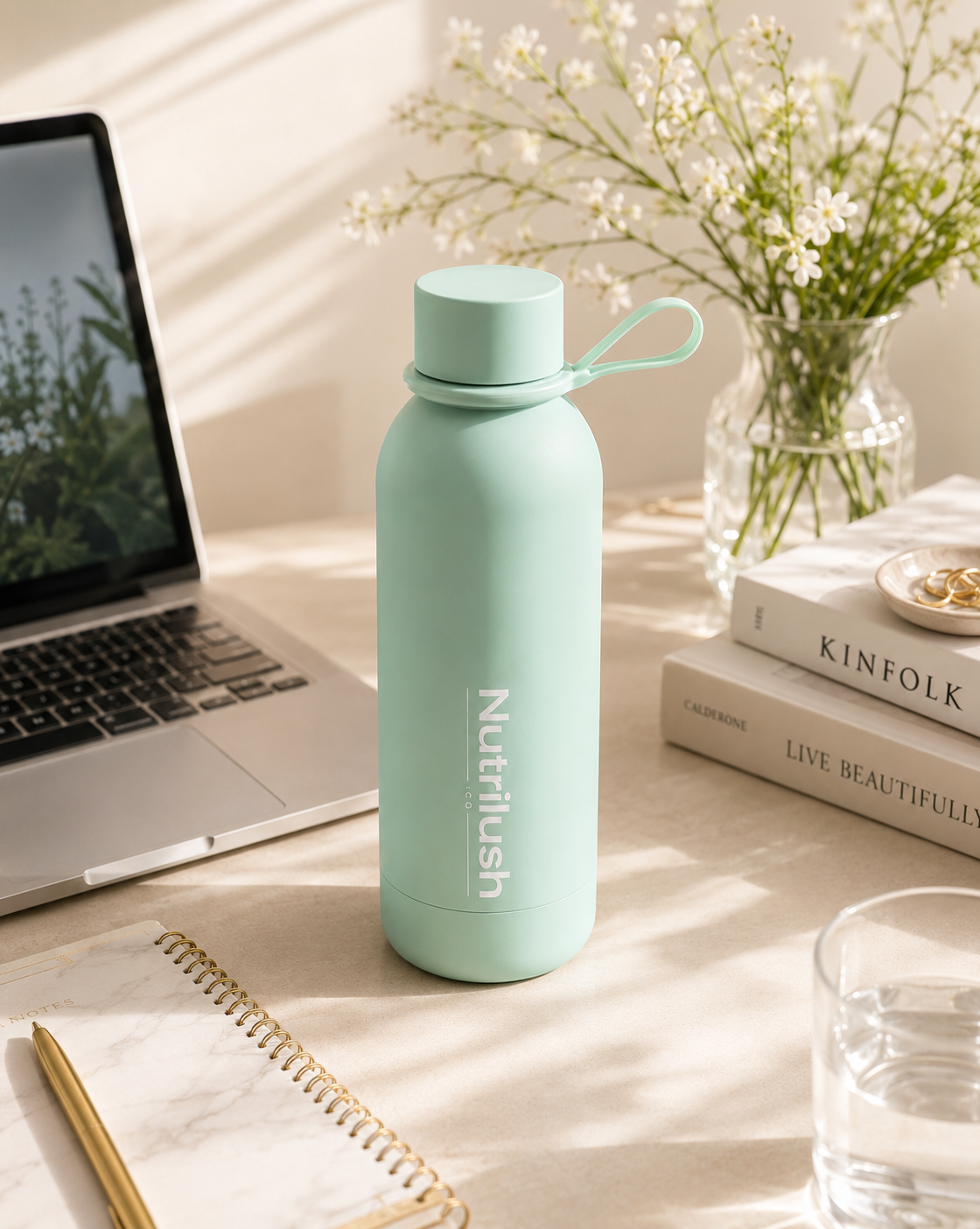 Nutlilush.Co RVS Thermosfles met Draaglus 500 ml - Babyblauw - Dubbelwandig Geïsoleerd - 12 Uur Warm en 24 Uur Koud - BPA-vrij